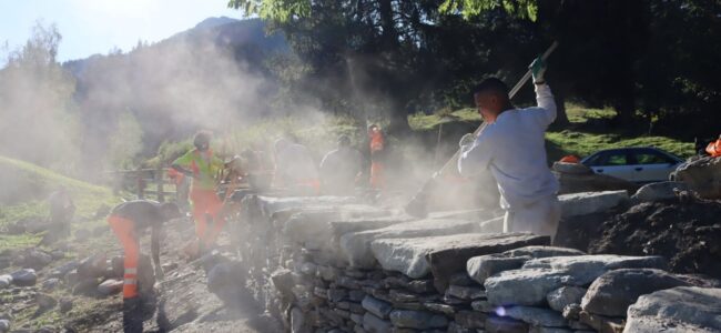 Lernende beim Bau von Trockenmauern